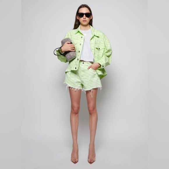 NWT Alexander Wang Falling Back logo-print Denim Jacket Sunbleach Lime Green XXS - Picture 1 of 17